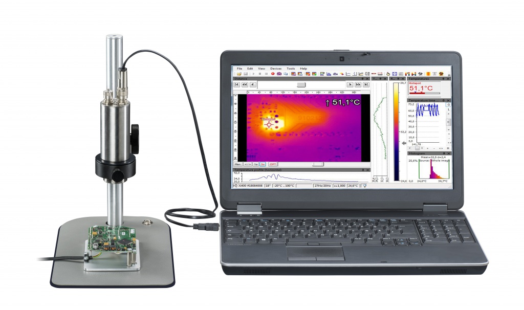 Микроскопная оптика Optris Xi 400 применяется для проверки тепловых режимов печатных плат.